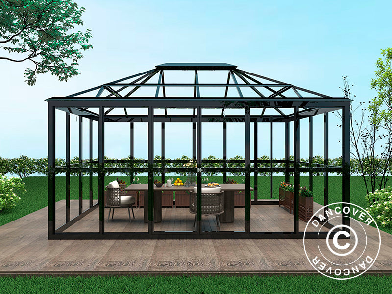 Orangeri i glass 12,3m², 4,27x2,88x2,75mm/sokkel, Svart. NB! Andresortering!