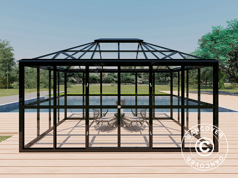 Orangeri i glass 12,3m², 4,27x2,88x2,75mm/sokkel, Svart. NB! Andresortering!