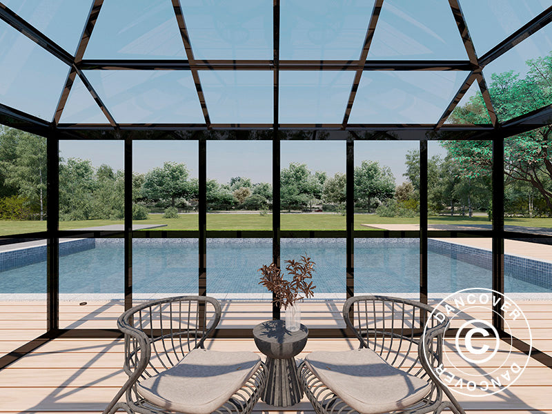 Orangeri i glass 12,3m², 4,27x2,88x2,75mm/sokkel, Svart. NB! Andresortering!
