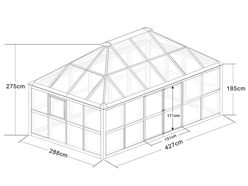 Orangeri i glass 12,3m², 4,27x2,88x2,75mm/sokkel, Svart. NB! Andresortering!