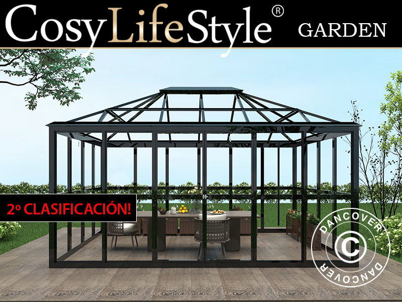 Orangeri i glass 12,3m², 4,27x2,88x2,75mm/sokkel, Svart. NB! Andresortering!