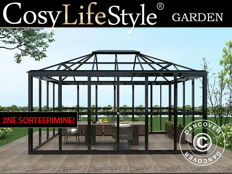 Orangeri i glass 12,3m², 4,27x2,88x2,75mm/sokkel, Svart. NB! Andresortering!