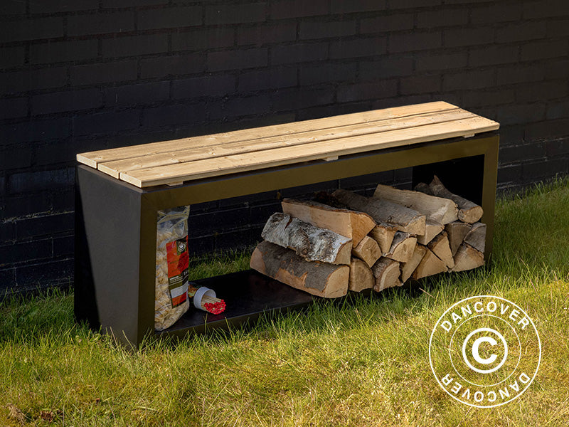 Benk med plass til oppbevaring av ved, 29,5x118x48cm, Svart/Tre