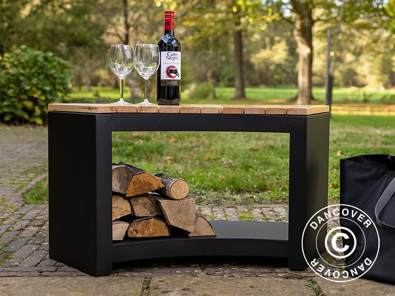 Buet benk med plass til ved, 37,8x90,2x48cm, Svart/Tre