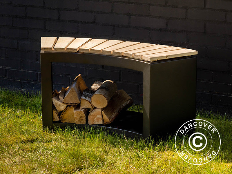 Buet benk med plass til ved, 37,8x90,2x48cm, Svart/Tre