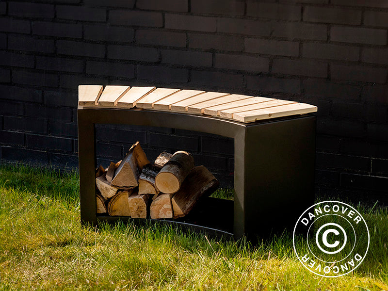 Buet benk med plass til ved, 37,8x90,2x48cm, Svart/Tre