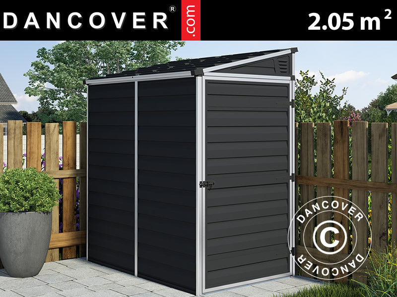 Redskapsbod mot vegg, veggbod, i polykarbonat Pent, Palram/Canopia, 1,175x1,75x2,03m, 2,05m², Midnatt grå