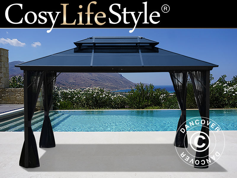 Paviljong Santa Ana m/gardiner og myggnetting, 3x4m, Svart