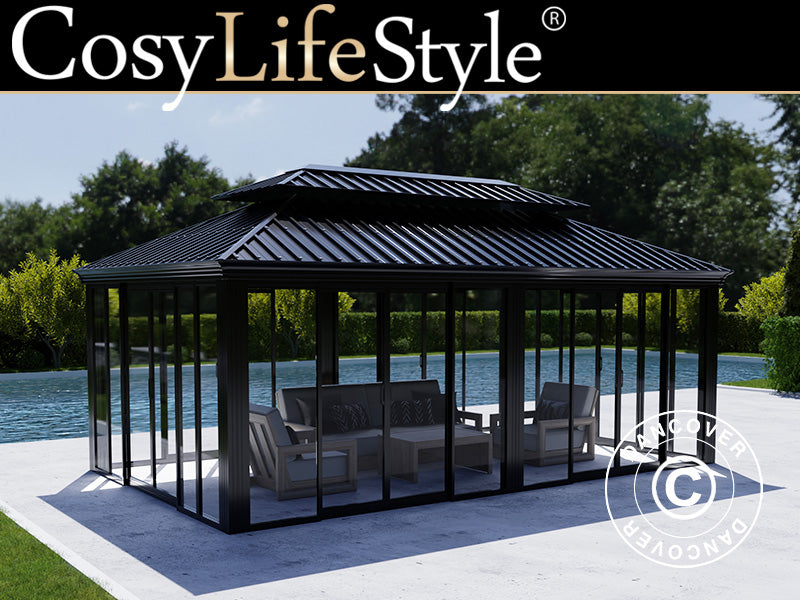 Lysthus Santa Fe med sidevegger og skyvedører, 3,65x6m, Svart