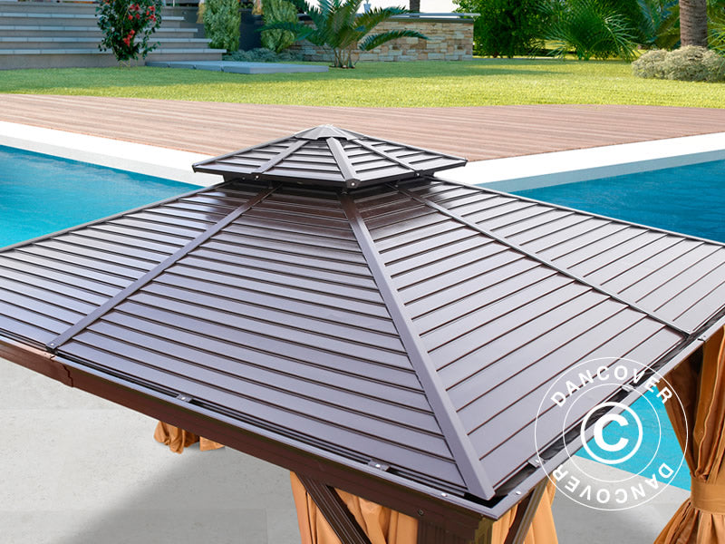 Paviljong San Bruno m/gardiner og myggnetting, 3x3m, Brun