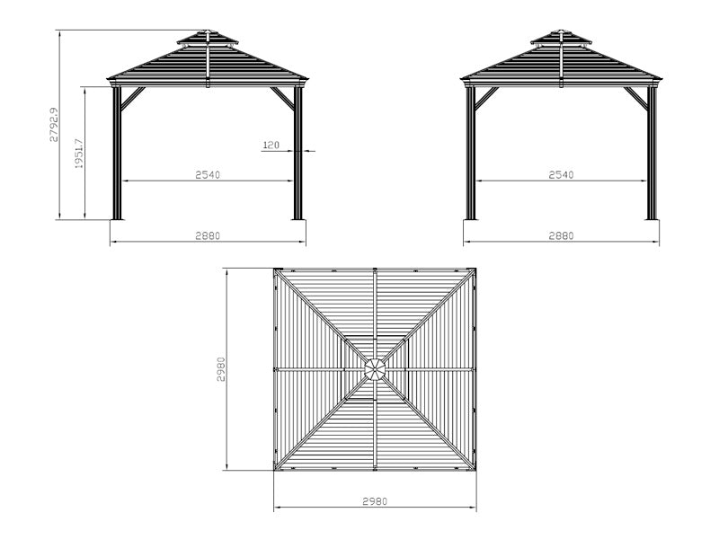 Paviljong San Bruno m/gardiner og myggnetting, 3x3m, Brun