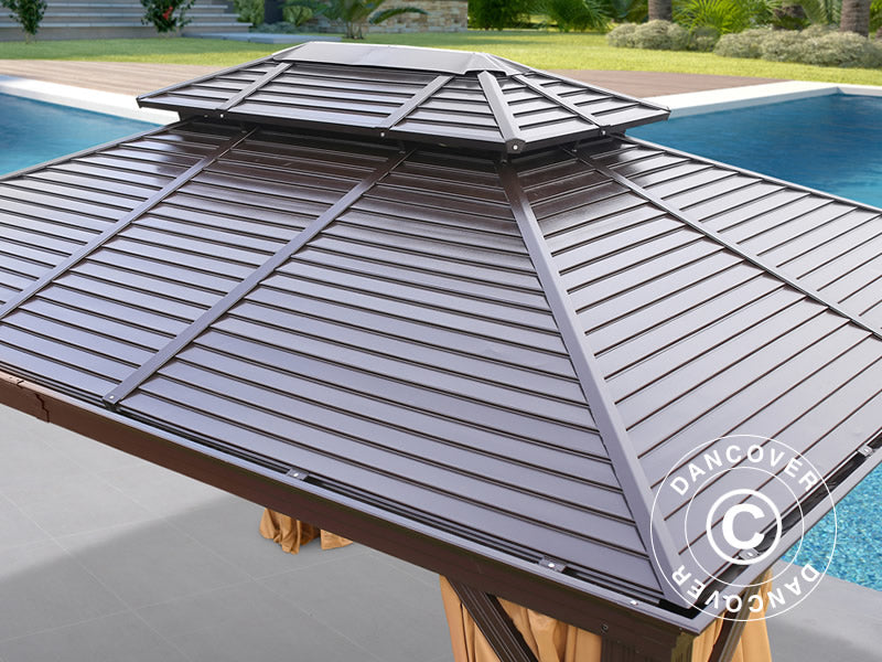 Paviljong San Bruno m/gardiner og myggnetting, 3x4m, Brun