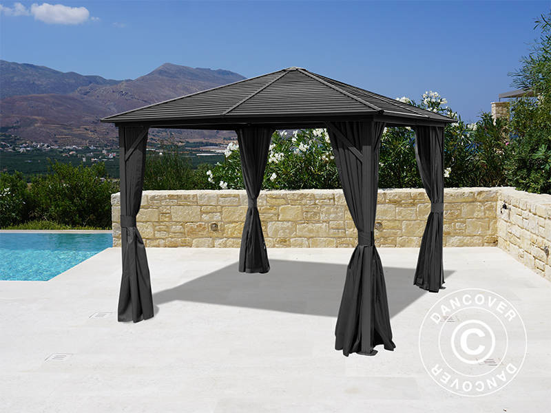 Paviljong San Luis m/gardiner og myggnetting, 3x3m, Svart