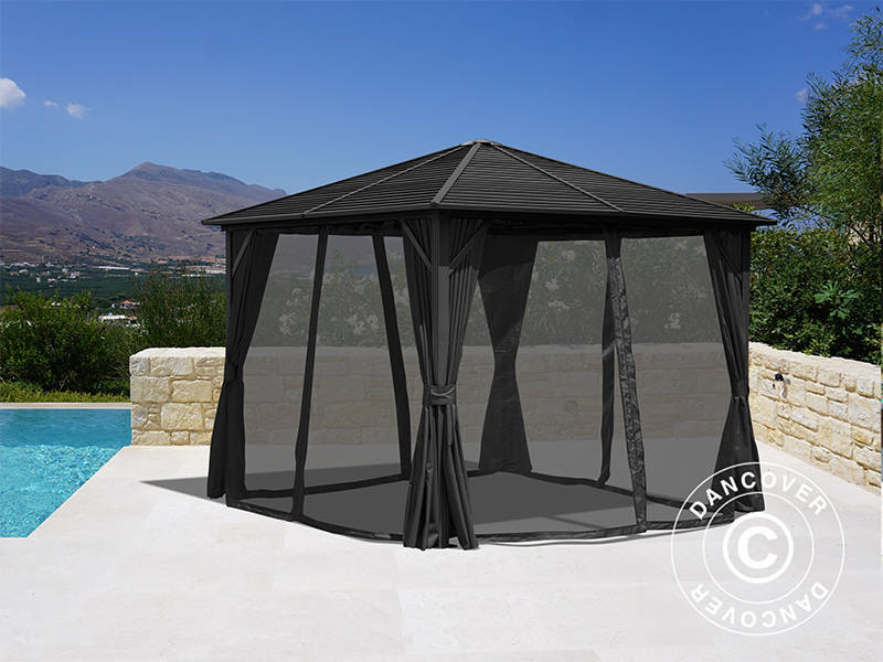 <p>Paviljong San Luis m/gardiner og myggnetting, 3x3m, Svart BARE 1 STK. IGJEN</p>