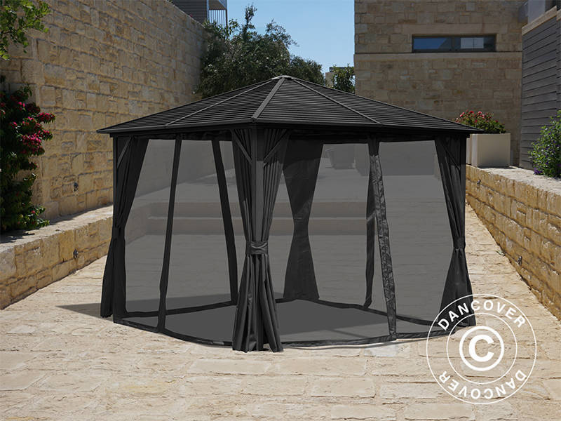 <p>Paviljong San Luis m/gardiner og myggnetting, 3x3m, Svart BARE 1 STK. IGJEN</p>