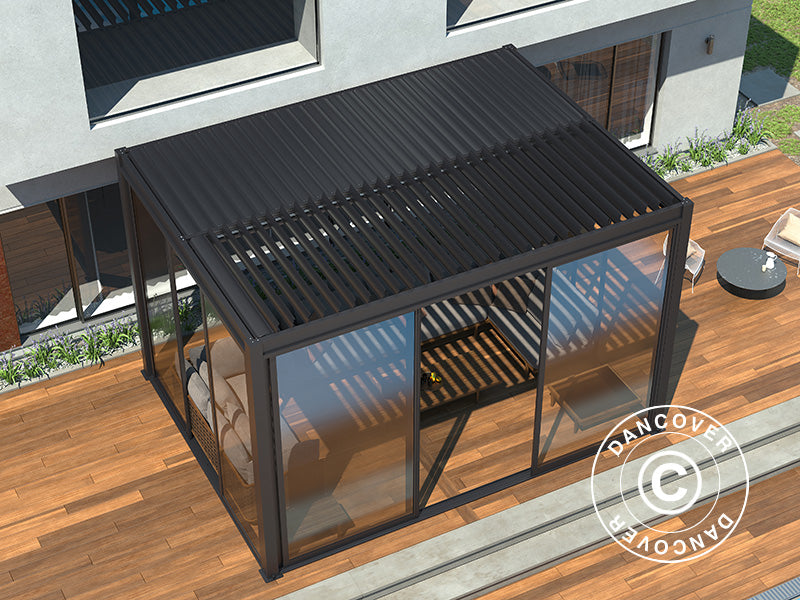 Bioklimatisk pergola-paviljong San Pablo Alu+ m/skyvedører, 4x4m, Svart
