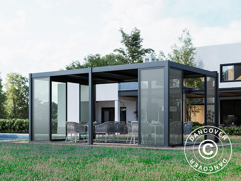 Bioklimatisk pergola-paviljong San Pablo Alu+ m/skyvedører, 3x5,8m, Svart