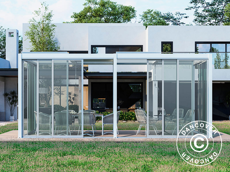 Bioklimatisk pergola-paviljong San Pablo Alu+ m/skyvedører, 3x5,8m, Hvit