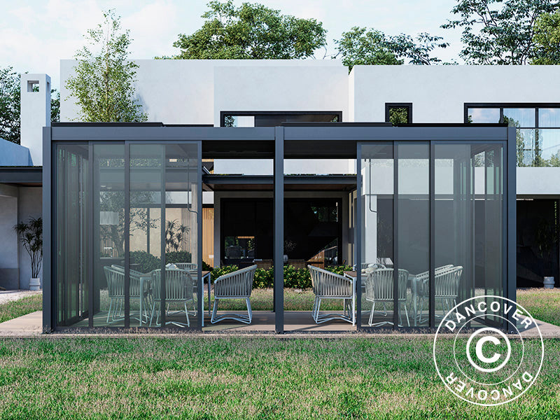 Bioklimatisk pergola-paviljong San Pablo Alu+ m/skyvedører, 4x5,8m, Svart