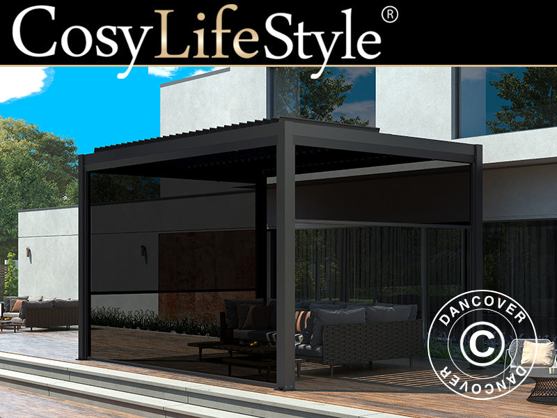 Bioklimatisk pergola-paviljong San Pablo Alu+, 4x4m, med 4 sidevegger, Svart