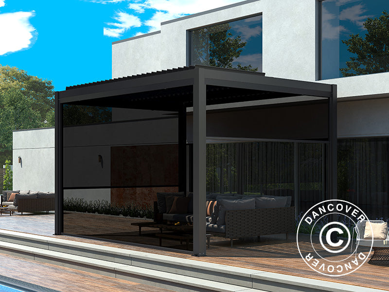 Bioklimatisk pergola-paviljong San Pablo Alu+, 4x4m, med 4 sidevegger, Svart