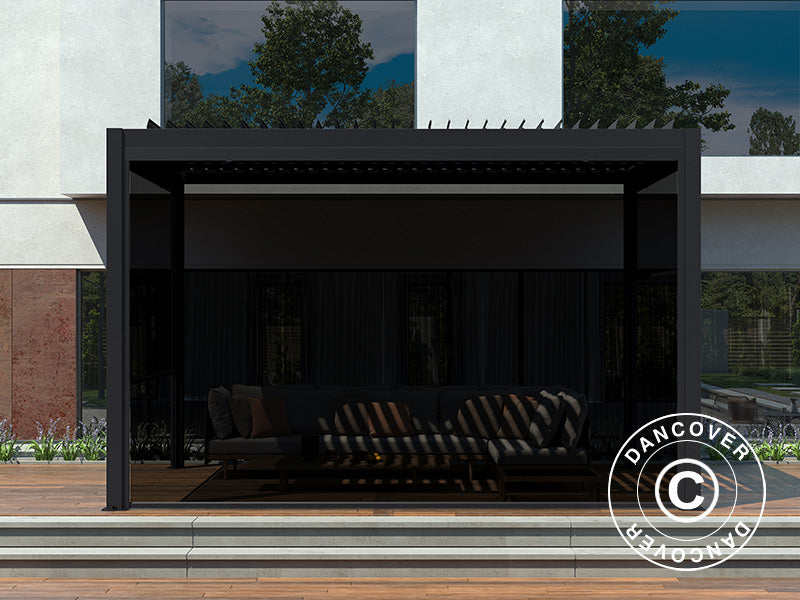 Bioklimatisk pergola-paviljong San Pablo Alu+, 4x4m, med 4 sidevegger, Svart