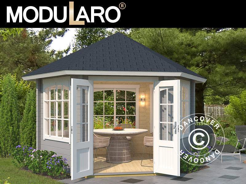 Paviljong i tre Alicante, sekskantet 3,5x3,03x3,07m, 44mm, Lysegrå