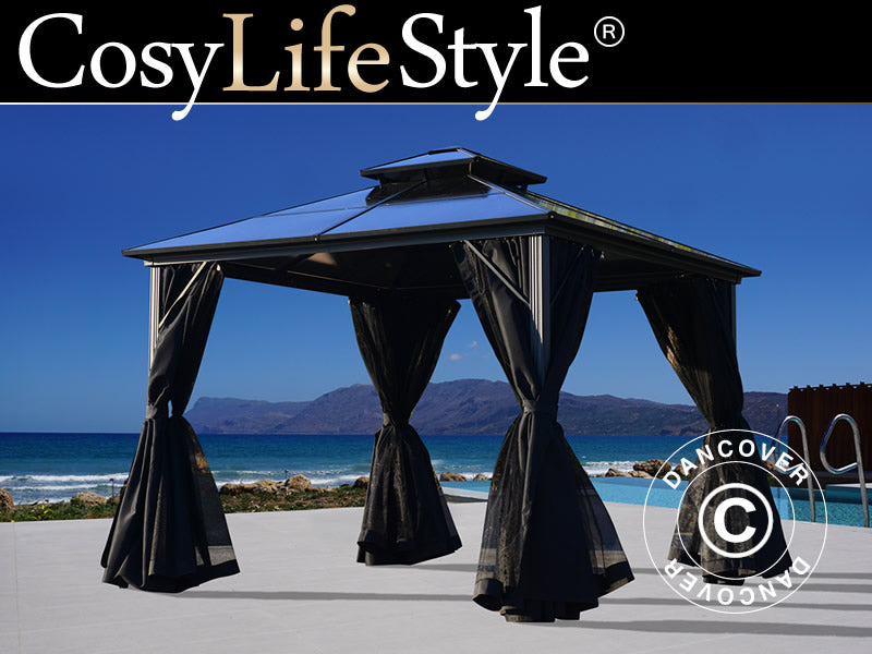 Paviljong Santa Ana m/gardiner og myggnetting, 3x3m, Svart