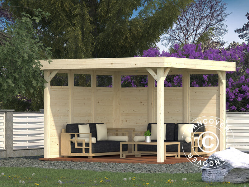 Paviljong i tre m/2 sidevegger, 3,49x3,49x2,54m, 12,2m², Naturlig