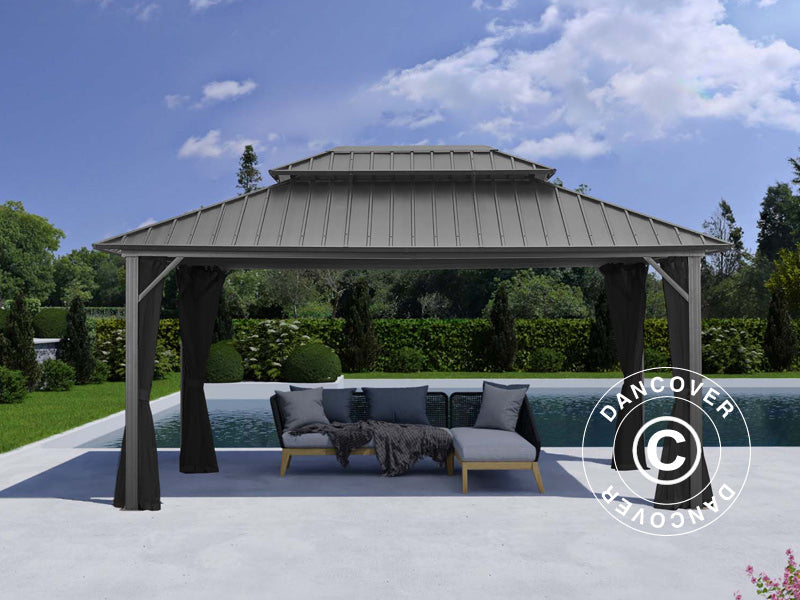 Paviljong San Francisco m/gardiner og myggnetting, 3,65x4,85m, Svart/Grå