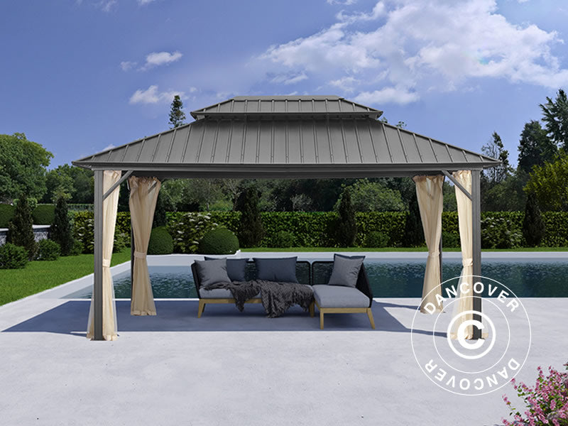 Paviljong San Francisco m/gardiner og myggnetting, 3,65x4,85m, Svart/Beige