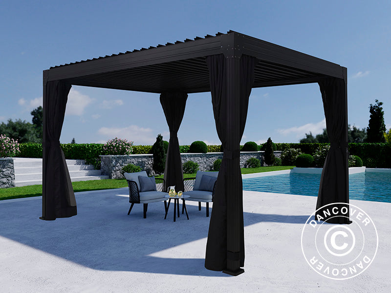 Bioklimatisk pergola-paviljong Monterey, 3x4m, m/gardiner og myggnett, Svart