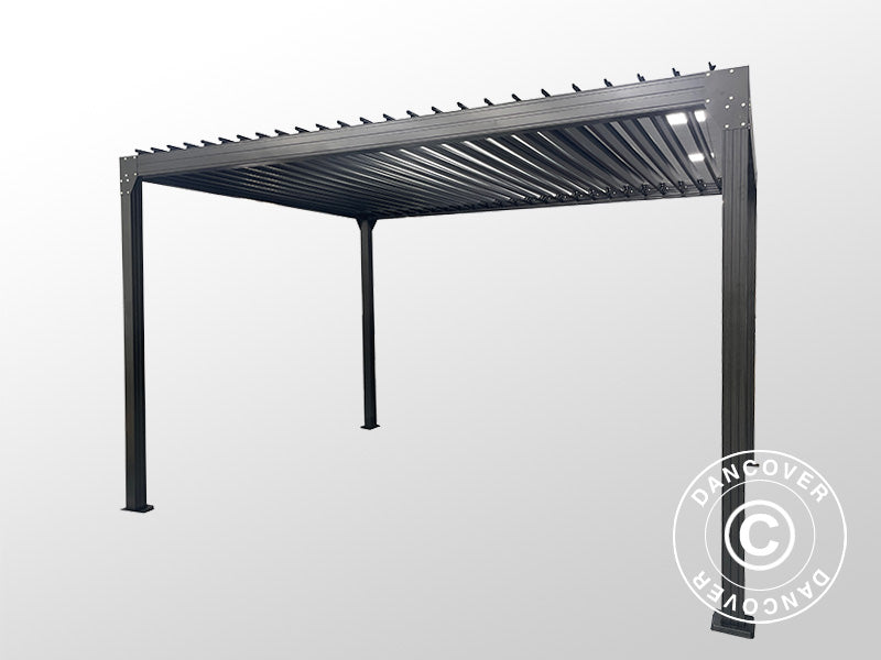 Bioklimatisk pergola-paviljong Monterey, 3x4m, m/gardiner og myggnett, Svart