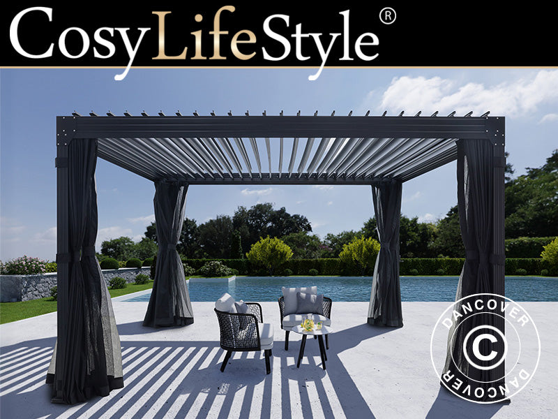 Bioklimatisk pergola-paviljong Monterey, 4x4m, m/gardiner og myggnett, Svart