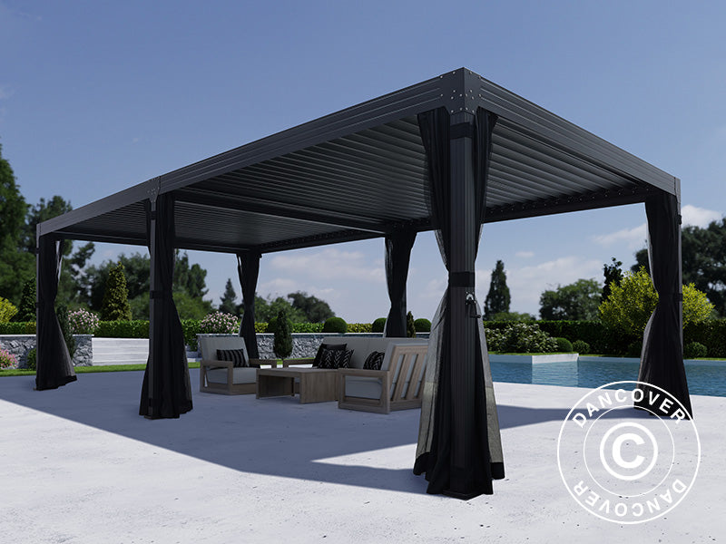 Bioklimatisk pergola-paviljong Monterey, 4x8m, m/gardiner og myggnett, Svart