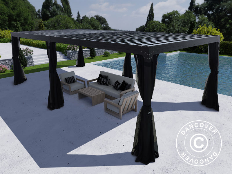 Bioklimatisk pergola-paviljong Monterey, 4x8m, m/gardiner og myggnett, Svart