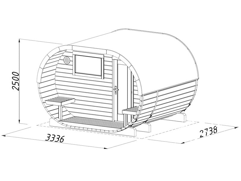 Tønnebadstu, Ø3,28x2,7x2,5m, 3,0+1,5m², Naturlig