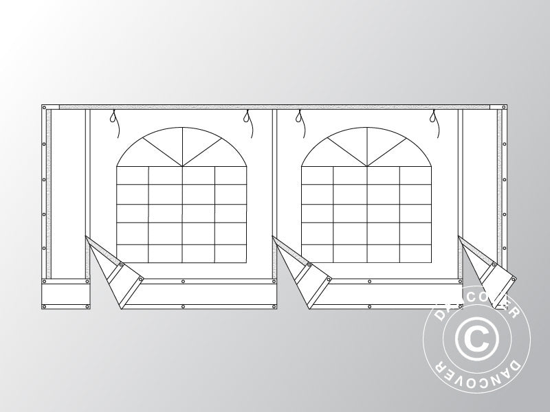 Endevegg m/stort vindu og bred dør, 5m, PVC, hvit/grå