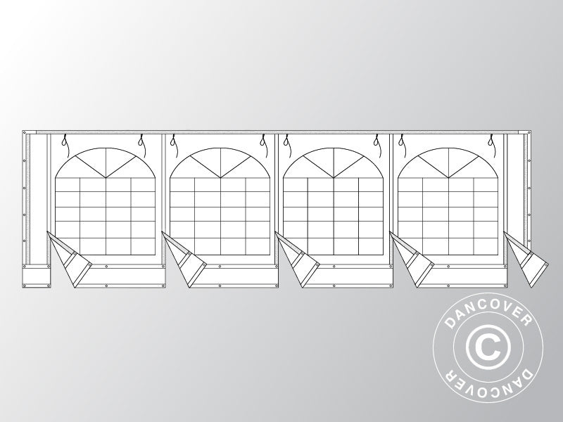 Endevegg m/stort vindu og bred dør, 8m, flammehemmende PVC, hvit