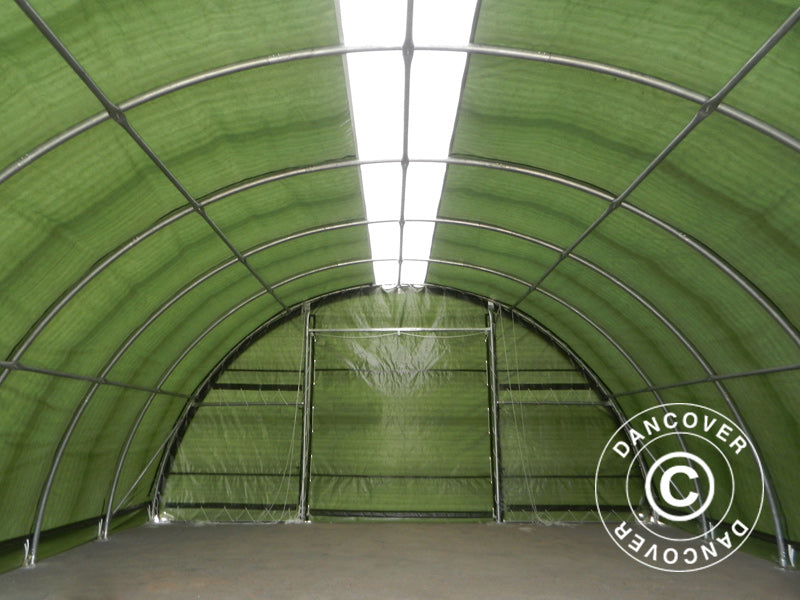 Rundbuehall 9,15x20x4,5m, PE m/hvitt takpanel, Grønn