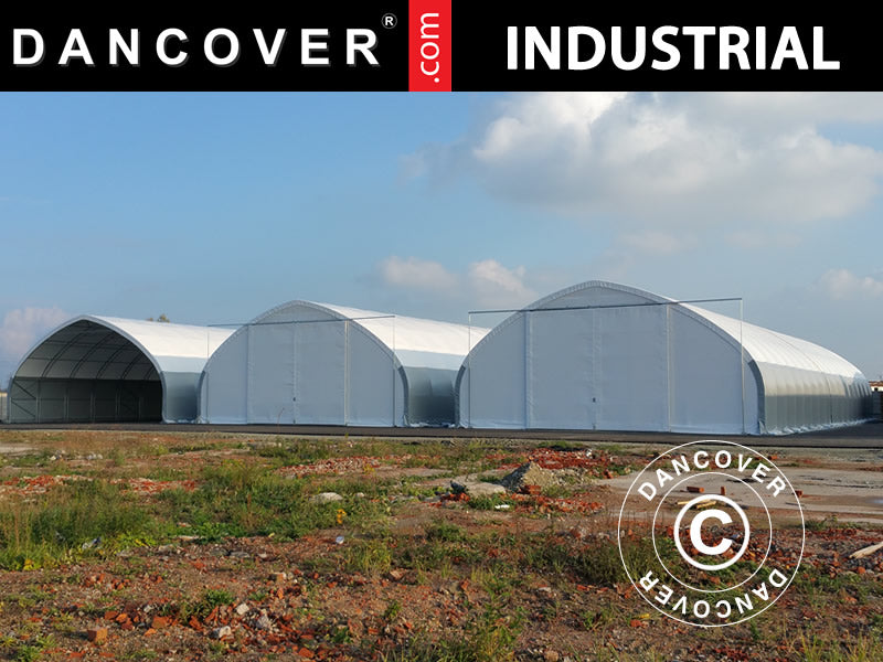 Telthall, rundbuehall 15x15x7,42m m/skyveport, PVC, Hvit/Grå