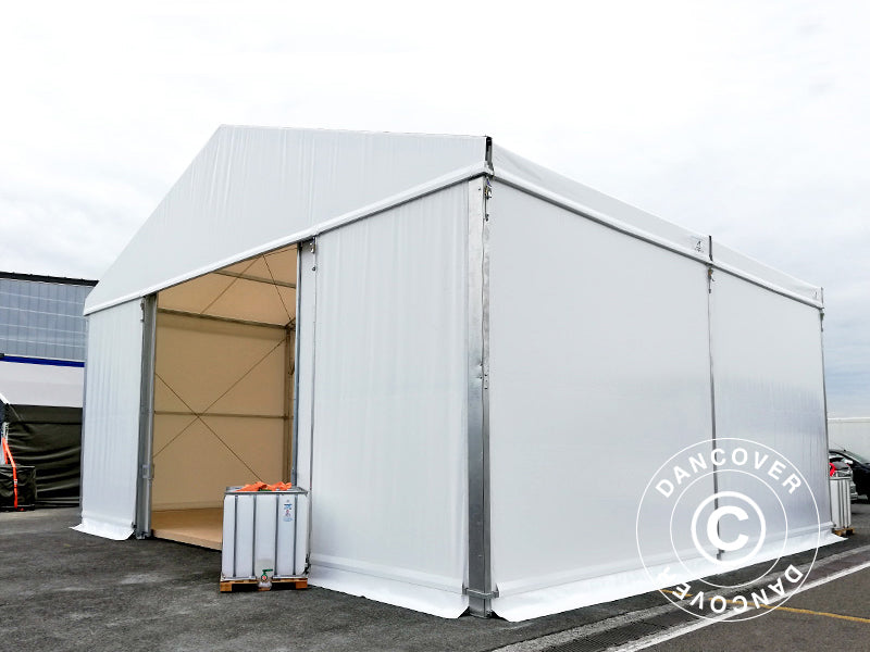 Industriell telthall Steel 12x12x6,18m m/skyveport, PVC, hvit