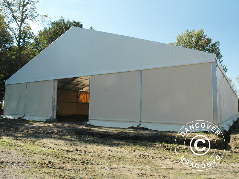 Industriell telthall Steel 12x25x6,18m m/skyveport, PVC, hvit