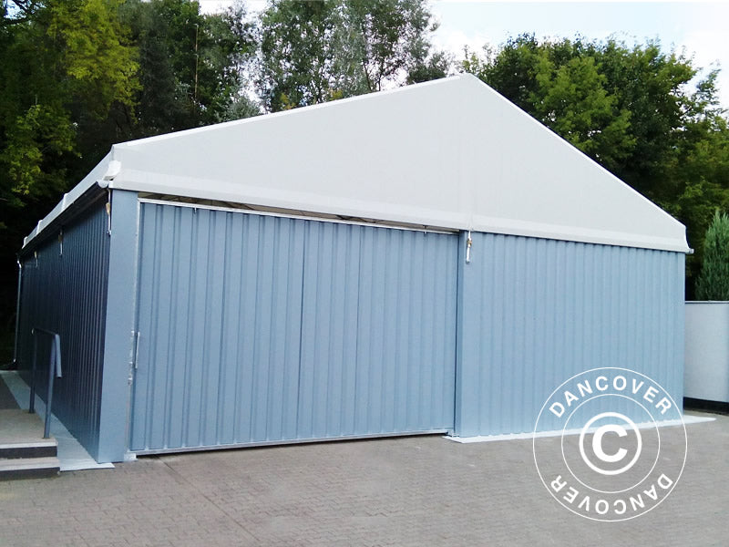 Industriell telthall Steel 12x12x6,18m m/skyveport, PVC/metall, hvit/grå