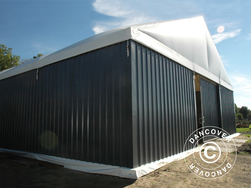Industriell telthall Steel 15x30x6,73m m/skyveport, PVC/metall, hvit/grå