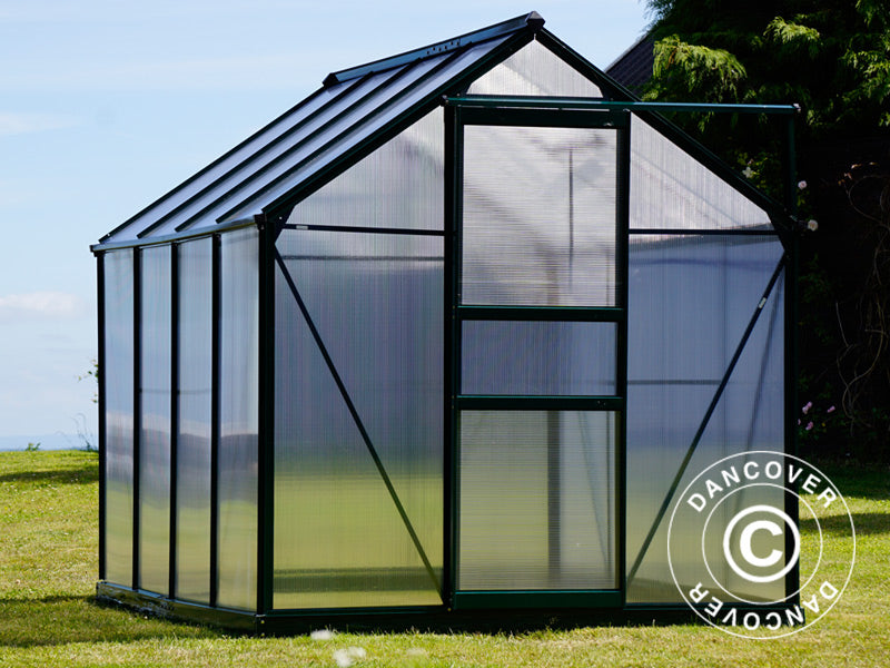 Drivhus polykarbonat 3,64m², 1,9x1,92x2,01m m/sokkel, Grønn
