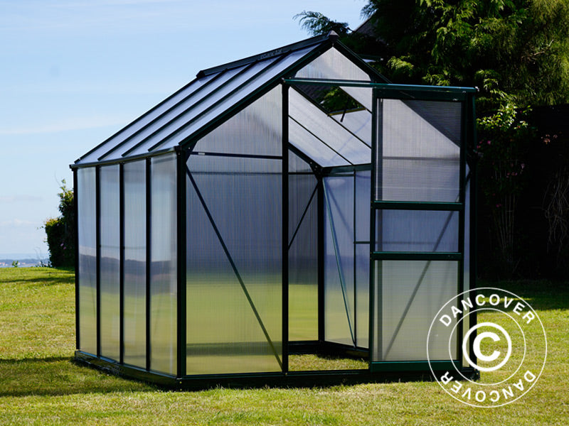 Drivhus polykarbonat 3,64m², 1,9x1,92x2,01m m/sokkel, Grønn