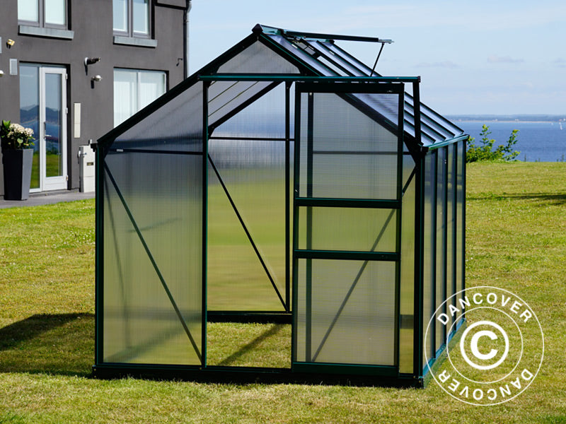 Drivhus polykarbonat 3,64m², 1,9x1,92x2,01m m/sokkel, Grønn