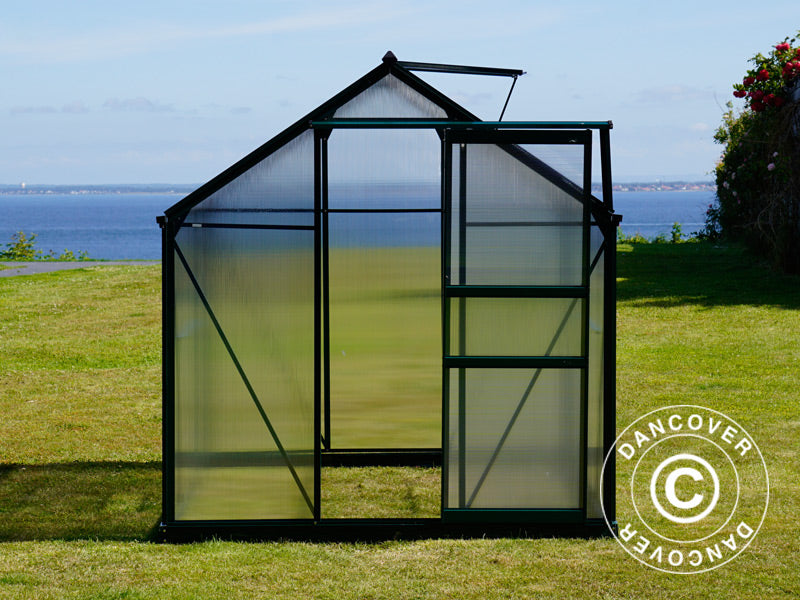 Drivhus polykarbonat 3,64m², 1,9x1,92x2,01m m/sokkel, Grønn