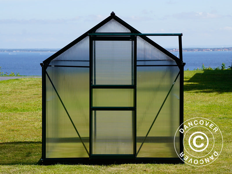 Drivhus polykarbonat 3,64m², 1,9x1,92x2,01m m/sokkel, Grønn